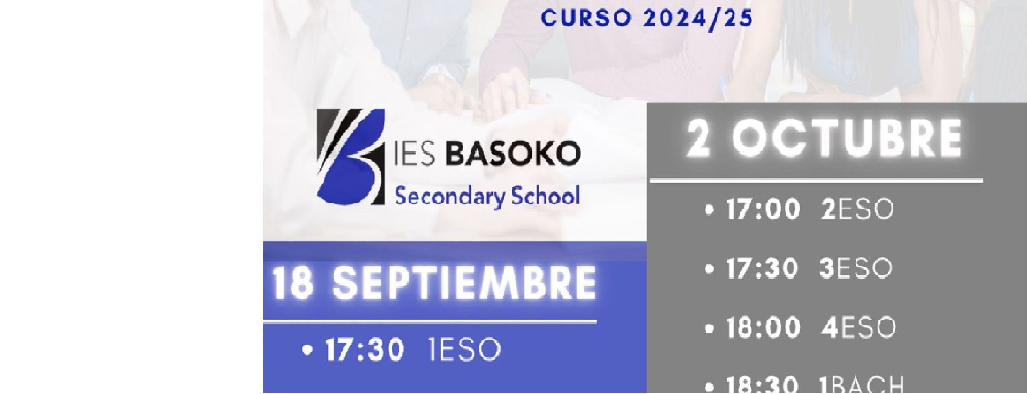 La semana que viene comenzamos con las reuniones iniciales de las familias se dividirán en dos fechas, dependiendo del nivel que cursan vuestros hijos e hijas. La acogida a las familias de 1ºESO se realiza en el salón de actos, tras la cual acudirán a las aulas de referencia junto con los tutores/as. Para el resto de niveles, las reuniones se realizarán en las aulas de referencia que podréis consultar ese día. Os esperamos.